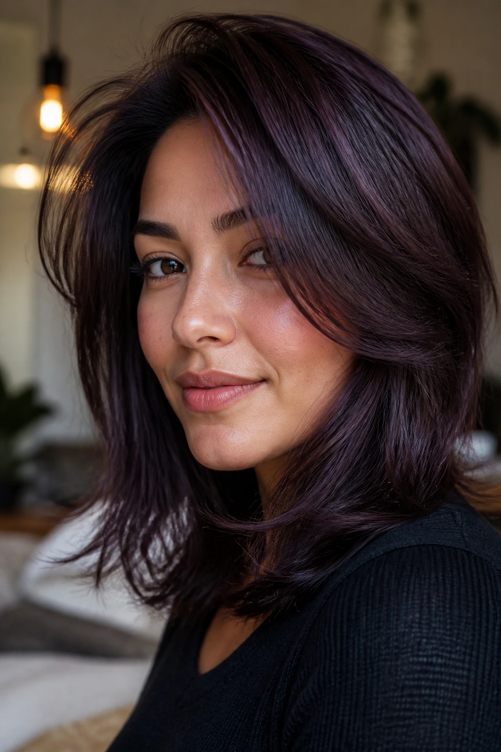 Close-up portrait of a real woman with smoky plum brown hair in a layered cut