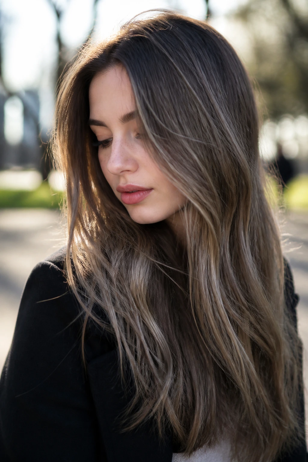 Close-up portrait of a real woman with smoky quartz balayage