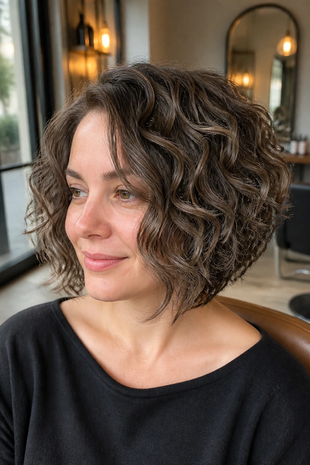 Close-up of a real person with smoky quartz curl bob in muted brunette tones with cool babylights.