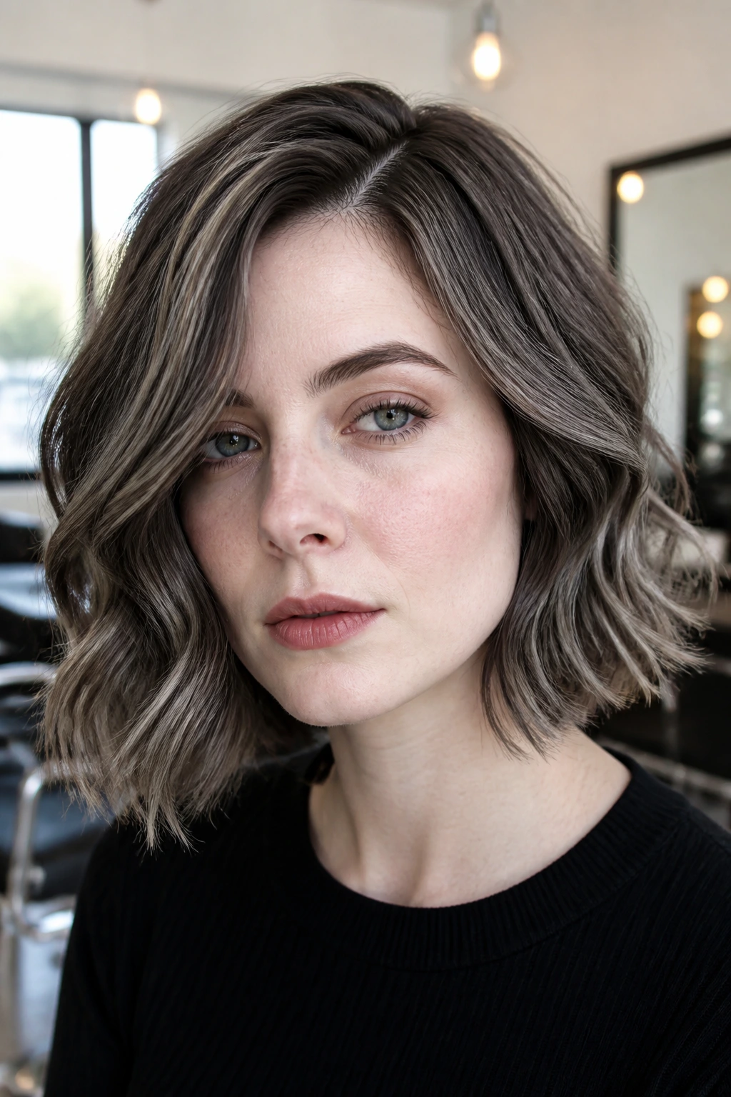 Close-up of smoky quartz highlights in a wavy bob on a real person in a salon.