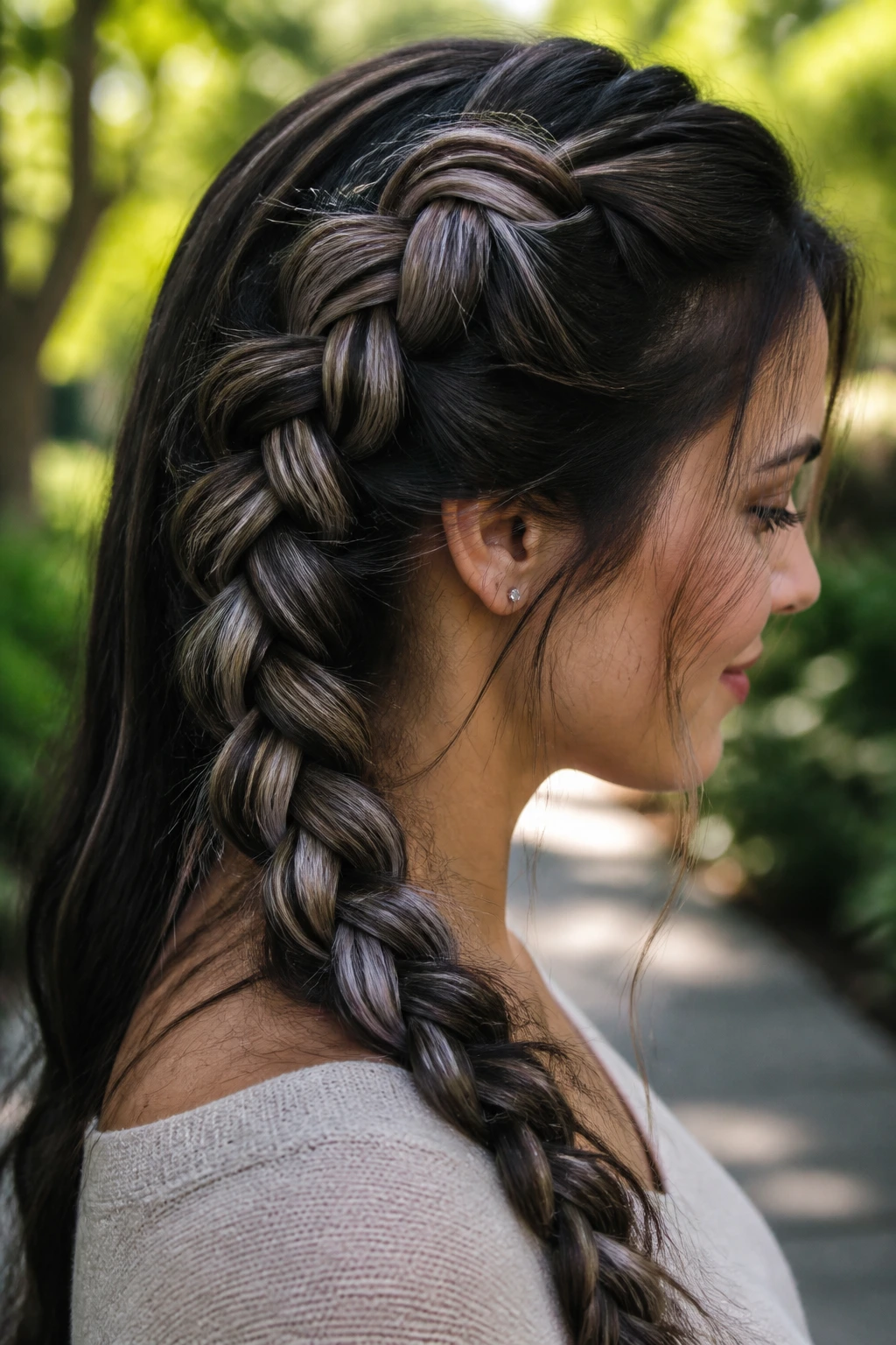 Close-up of real woman with dark hair in a smoky ribbon braid.