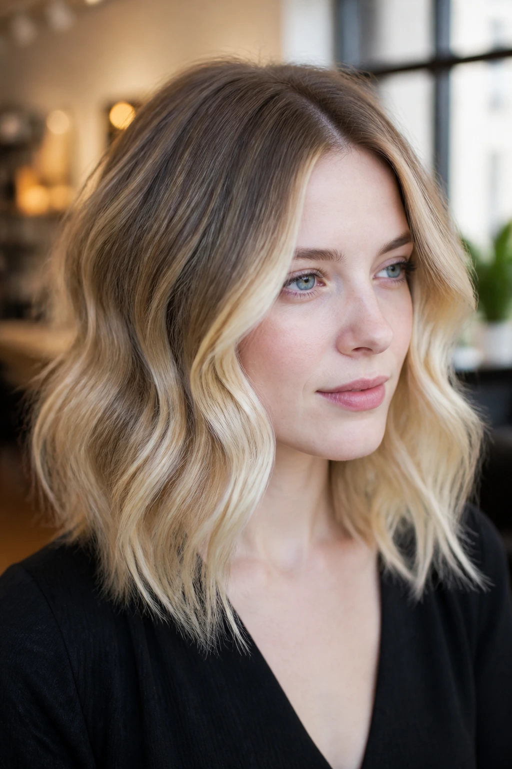 Close-up of smoky root melt with bright face frame on pale skin