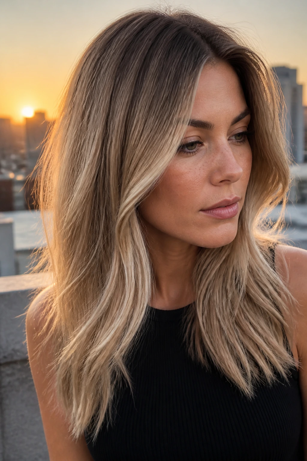 Portrait of a woman with smoky root melt beige blonde hair during golden hour