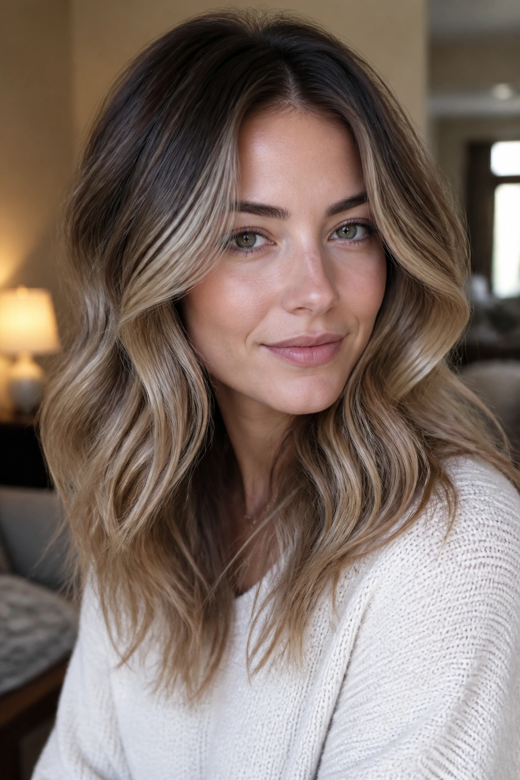 Portrait of a real woman with smoky root melt ash-beige caramel on mid-lengths.