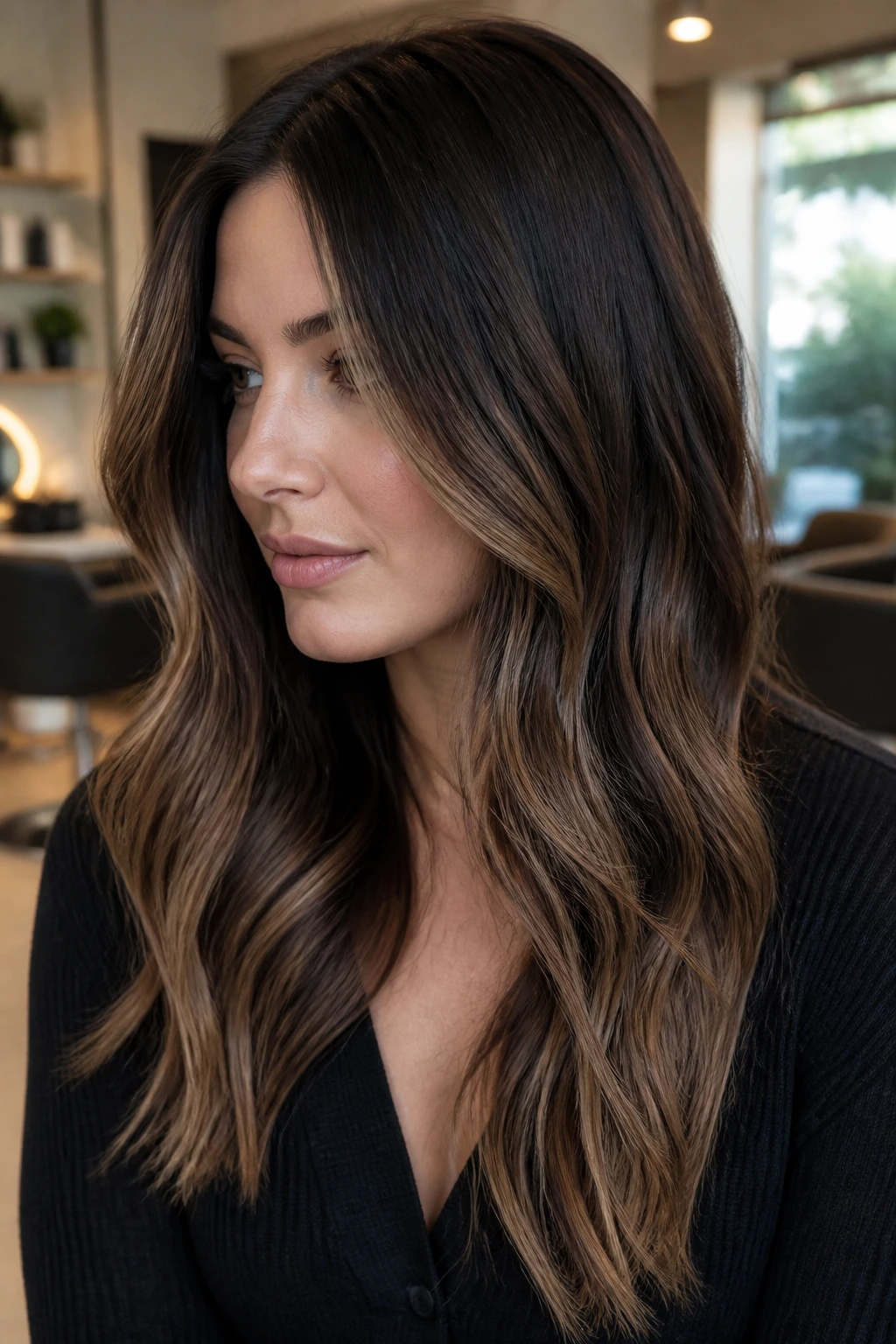 Brunette with smoky root melt and beige caramel ribbons.