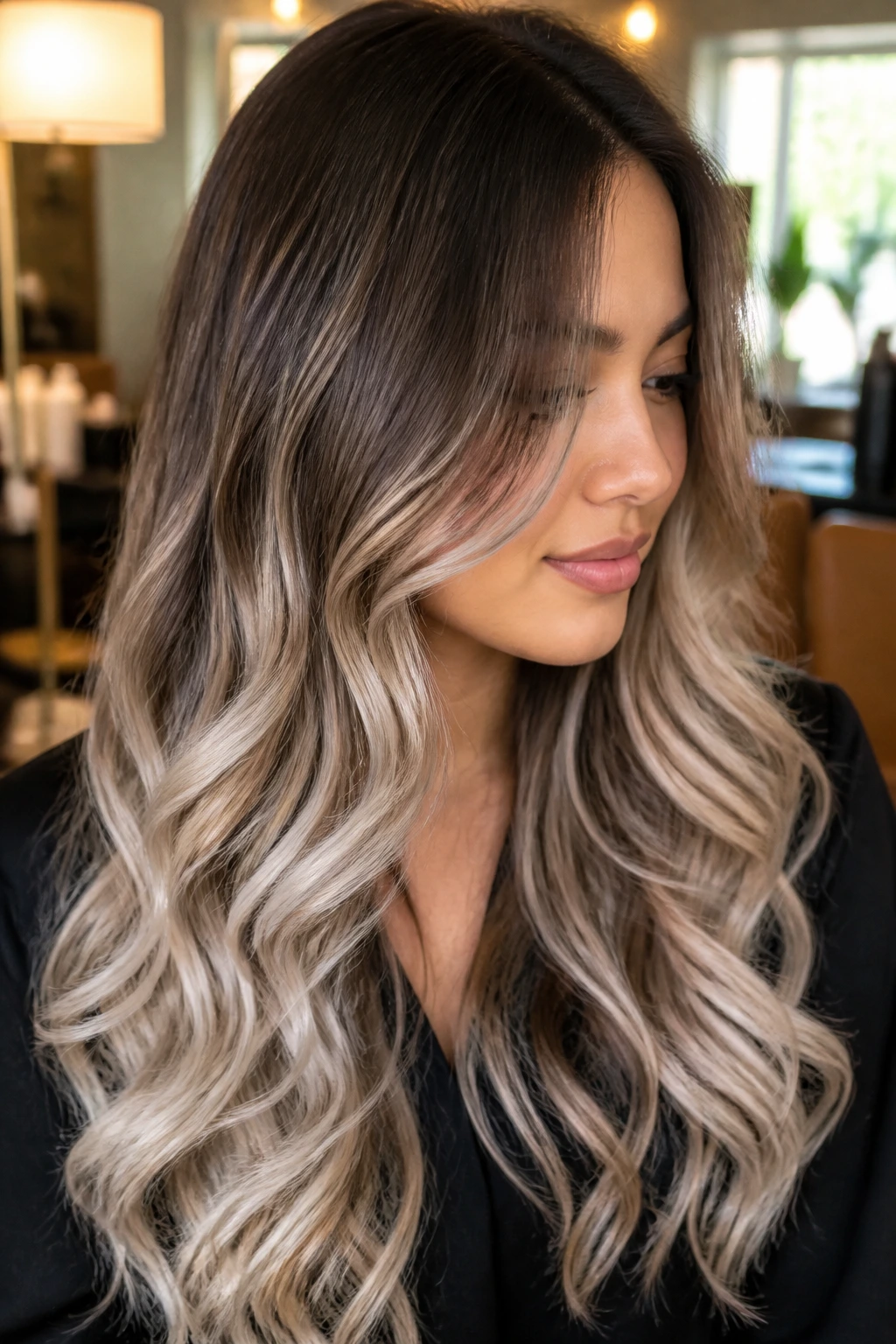 Close-up of a real woman with smoky root melt and long curls in warm lighting