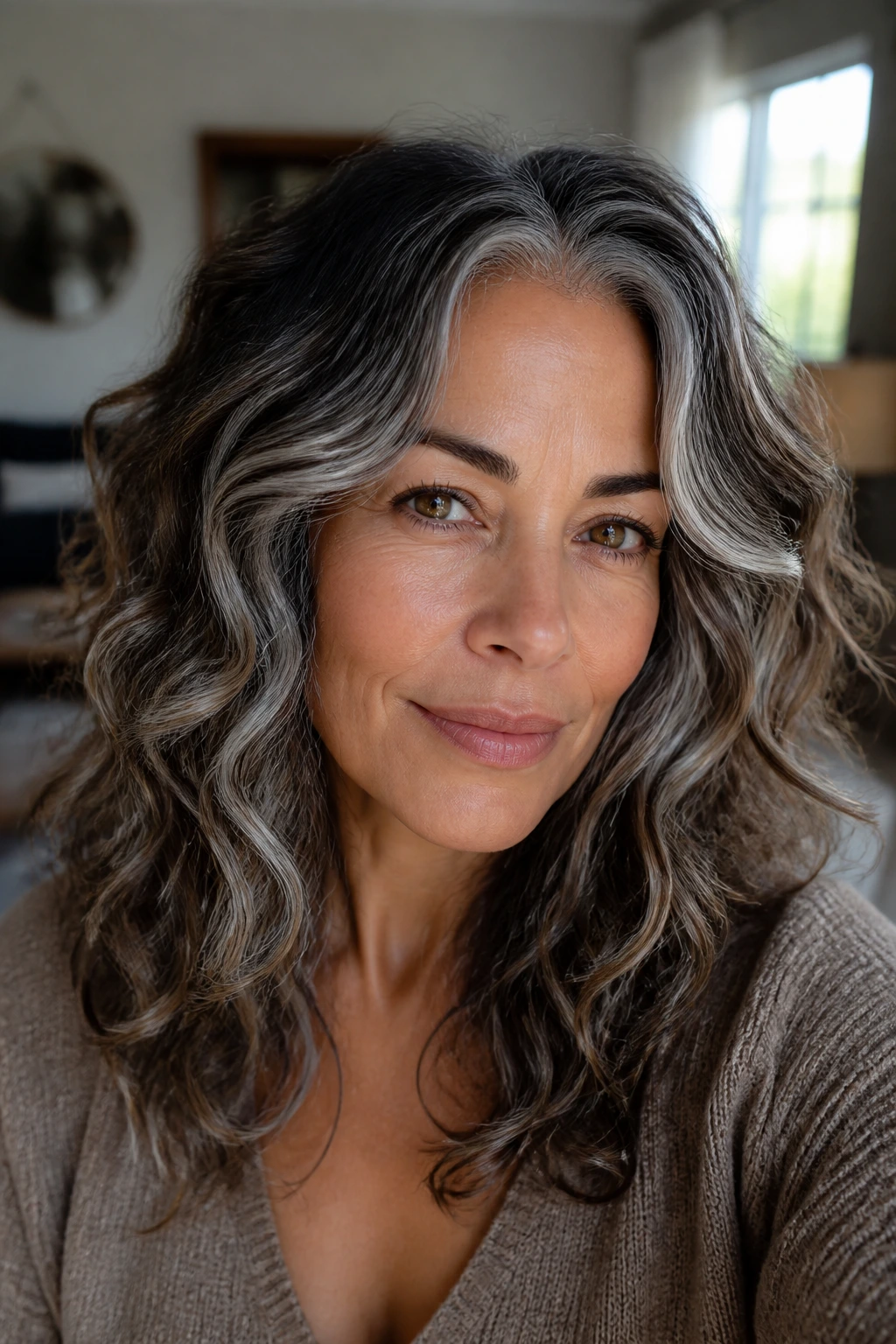 Close-up of olive-skinned woman with smoky root melt and pearl ribbons in curls