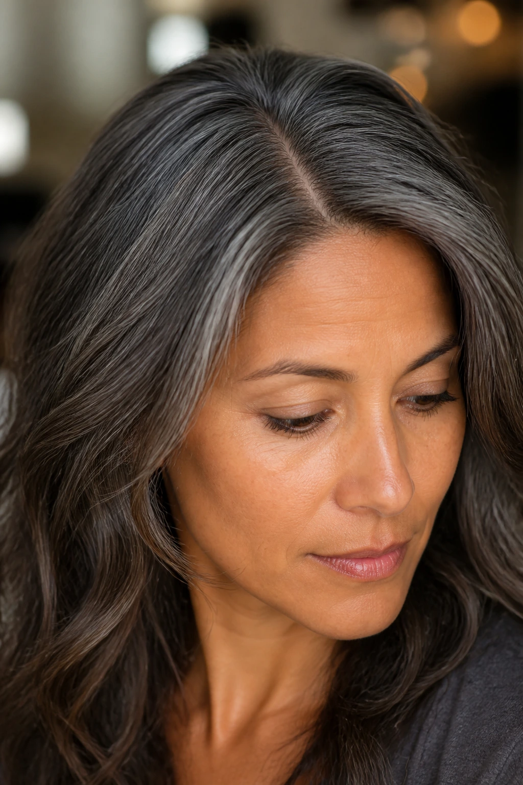 Close-up of a real woman with smoky root tap at the roots blending into the rest of the hair in a softly lit salon.