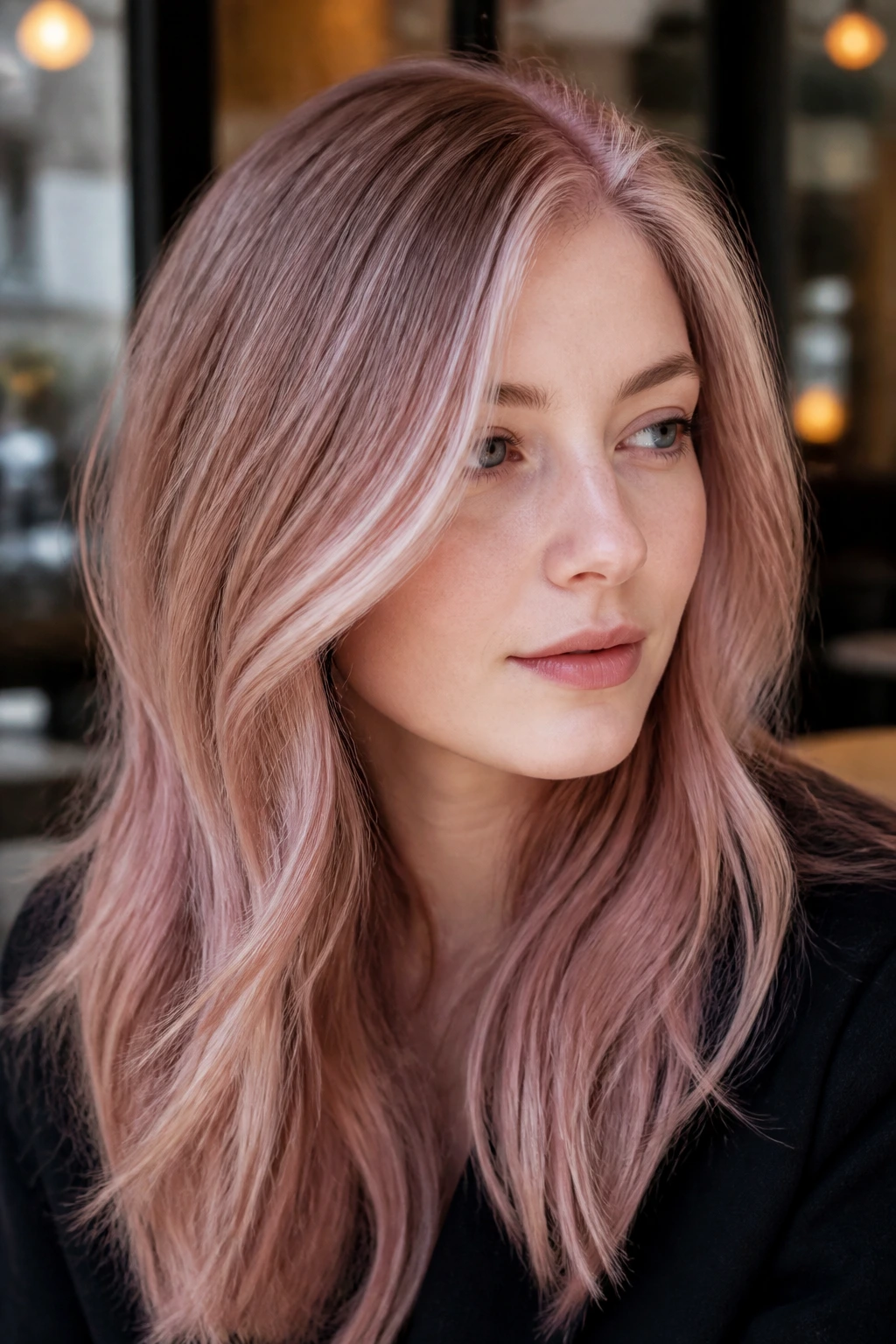 Real woman with smoky rosé babylights and taupe undertone