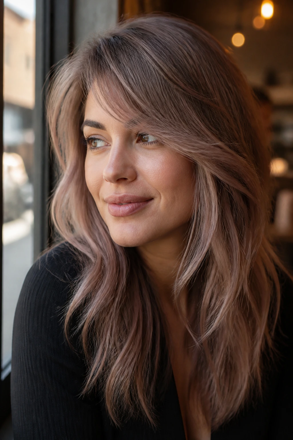 Close-up portrait of a real woman with smoky rose beige balayage and side-swept bangs.