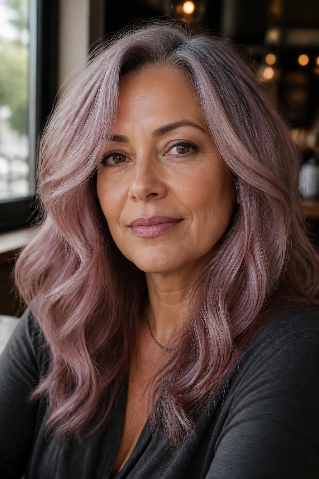 Smoky rose grey hair on a real woman with subtle mauve tones