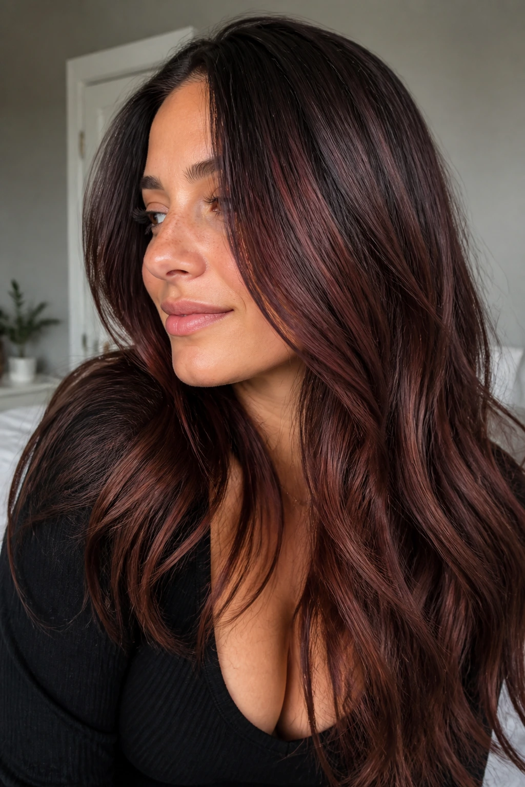 Brunette with smoky rosewood slices visible as hair moves.