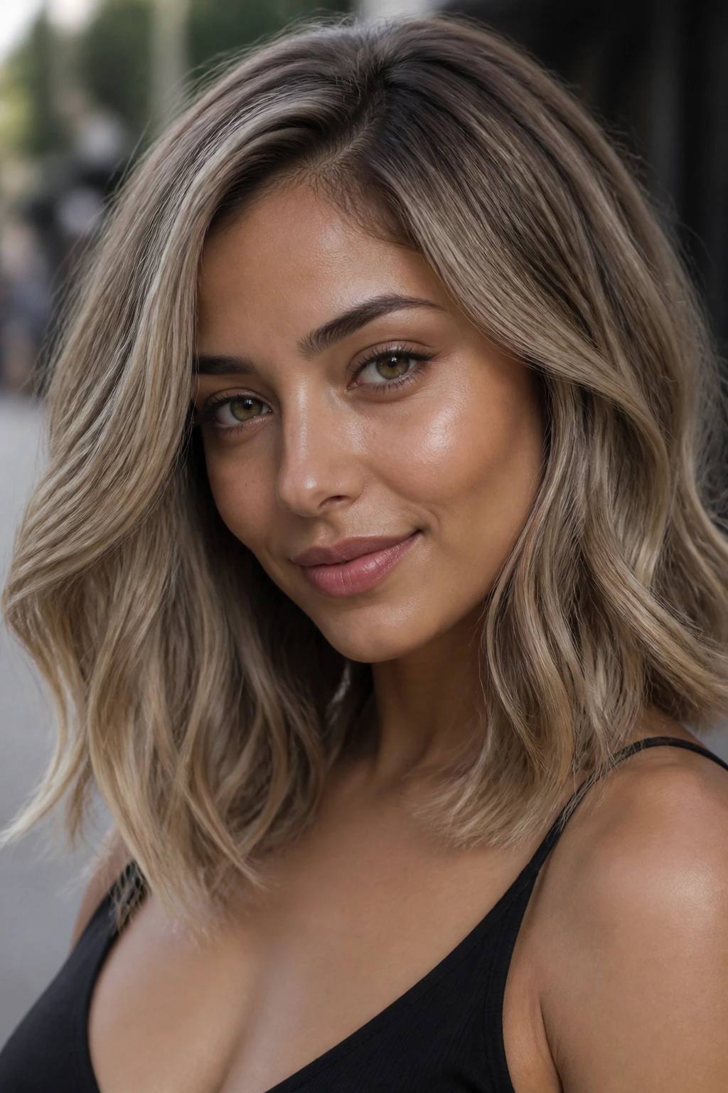 Portrait of a person with smoky sand ash blonde hair outdoors