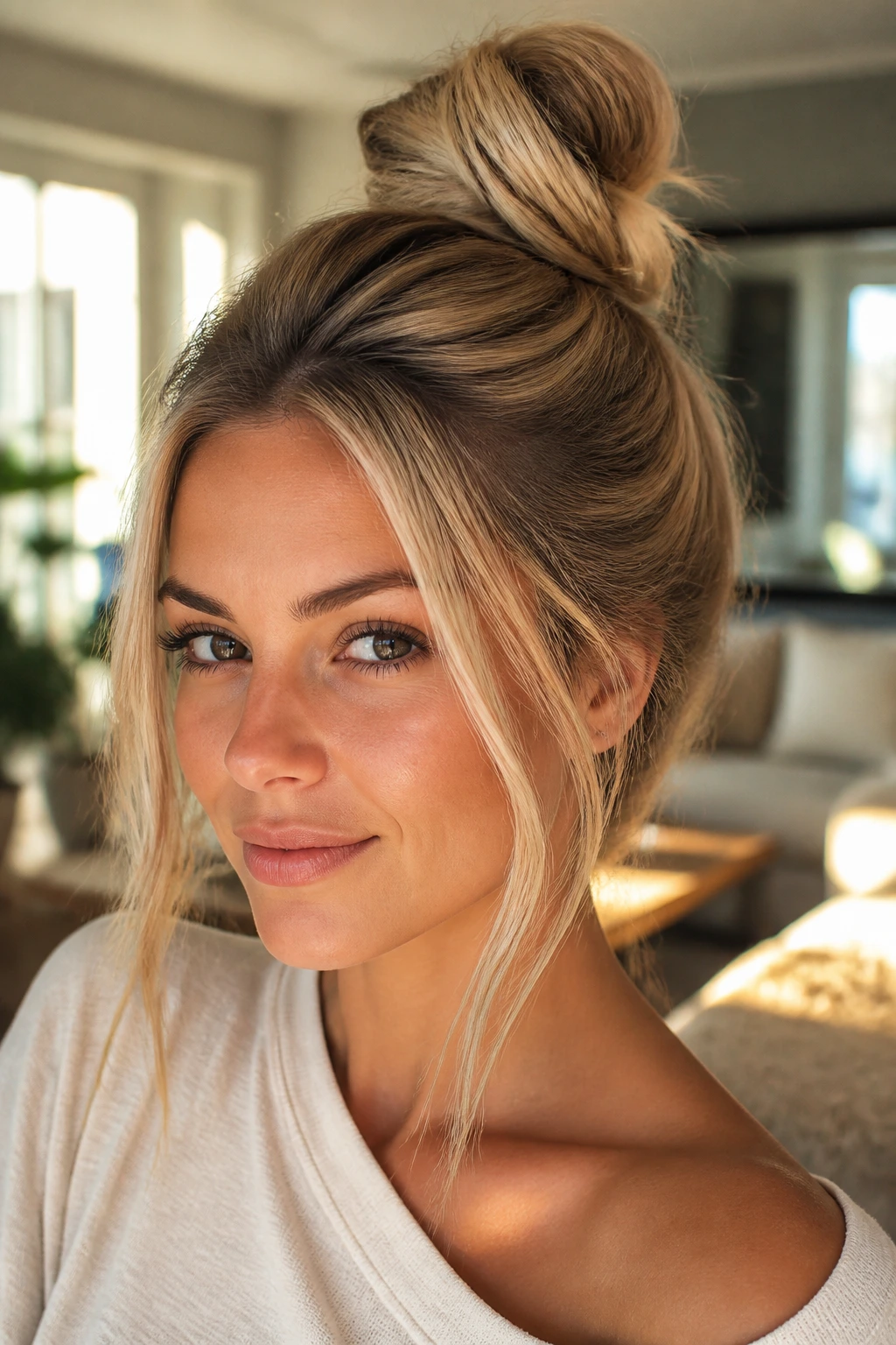 Portrait of a woman with a smoky sand blonde top knot and soft hair around the face.