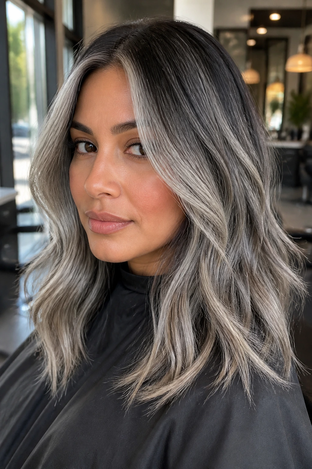 Portrait of a real woman with smoky silver balayage and root shadow on medium skin