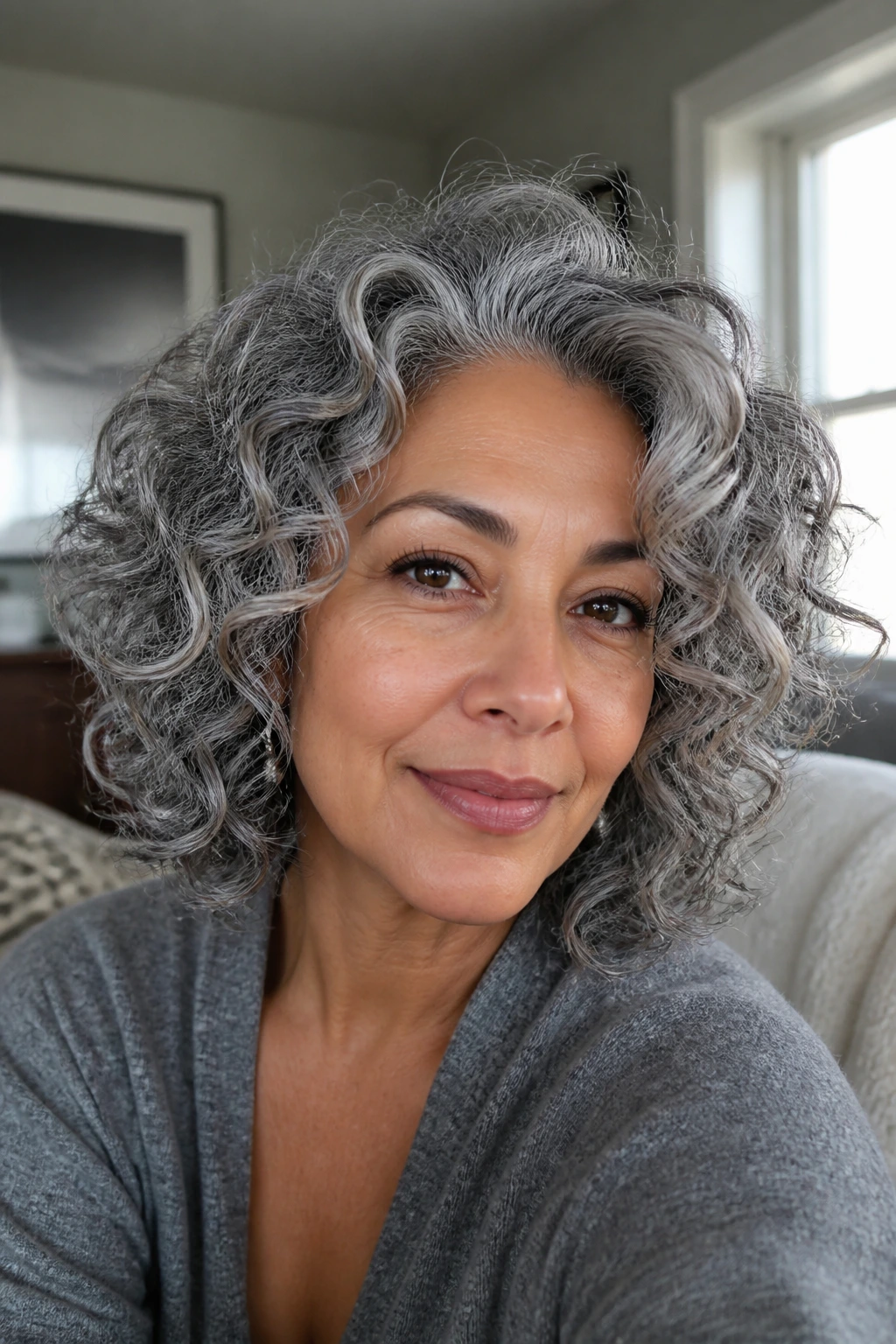 Smoky silver curls on a real person with defined curl pattern