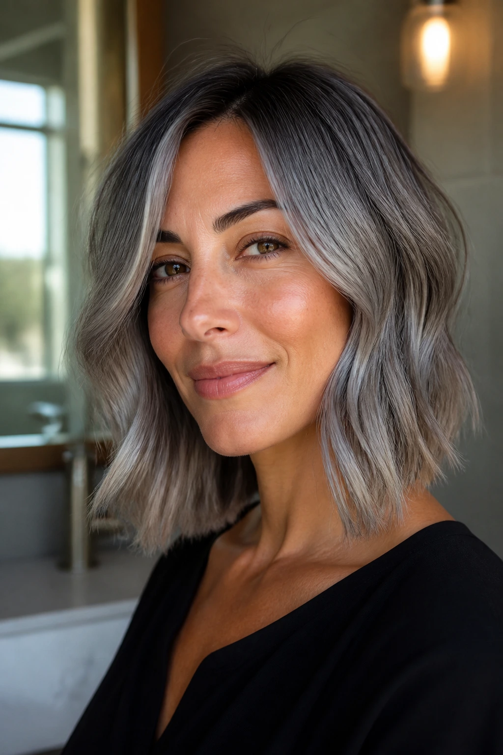 Portrait of woman with smoky silver lob hairstyle under warm window light