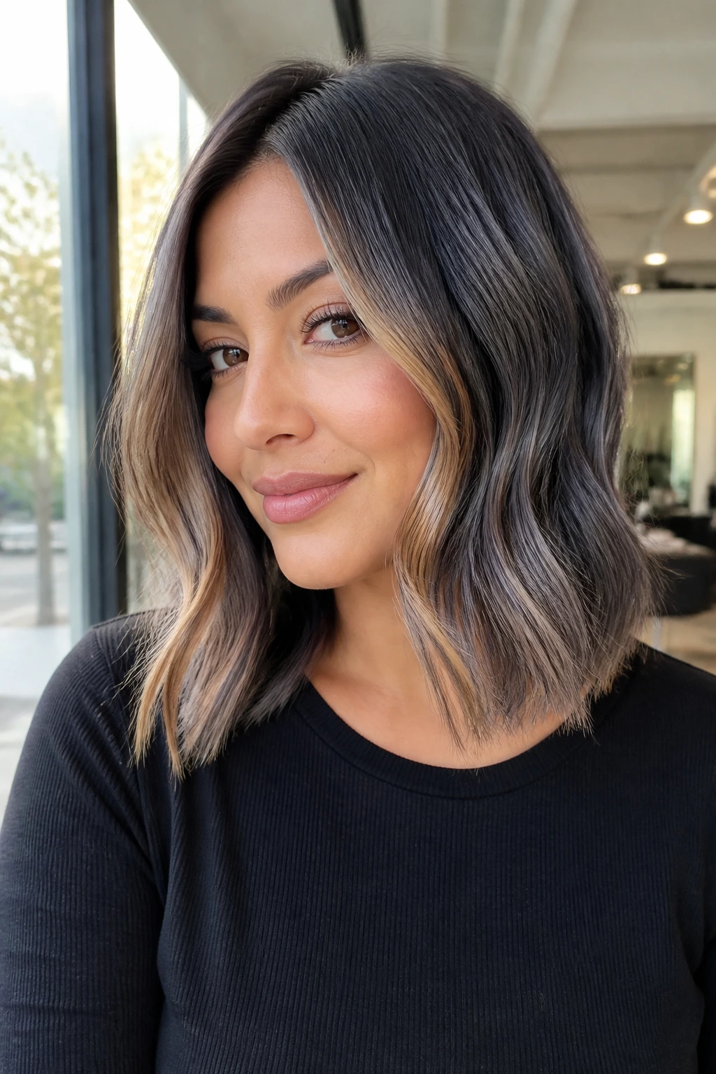 Close-up of smoky silver lob with caramel face-framing ribbons