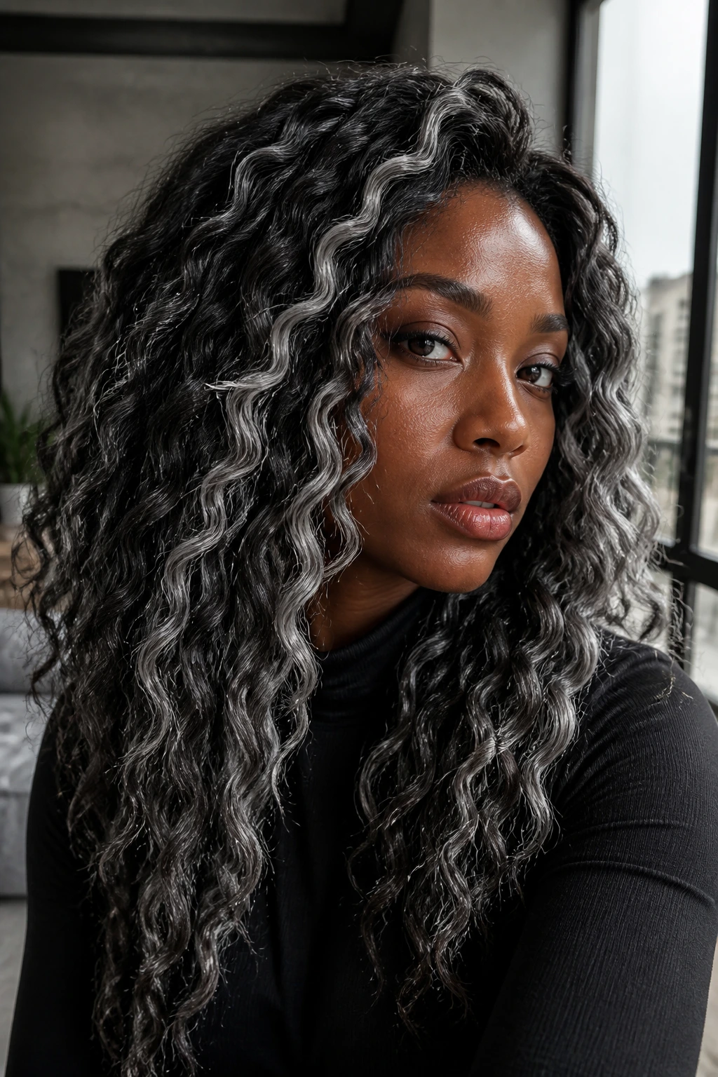 Close-up of a real person with curly hair featuring smoky silver streaks and dark roots.