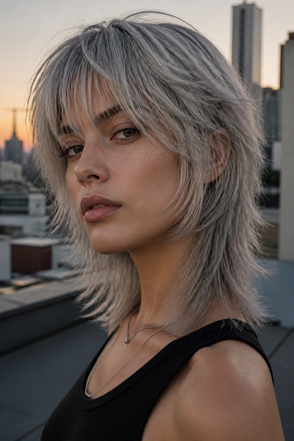 Portrait of a real person with a smoky silver wolf cut and textured layers.