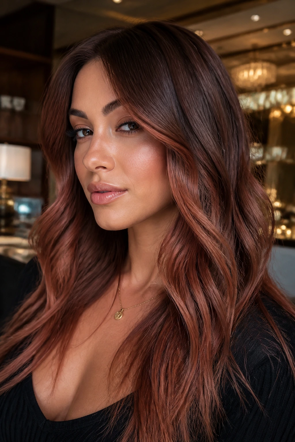 Brunette with smoky strawberry glaze on mids and ends on a real person