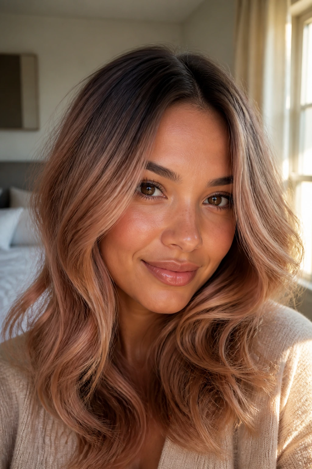 Close-up portrait of a real woman with smoky strawberry root shadow.