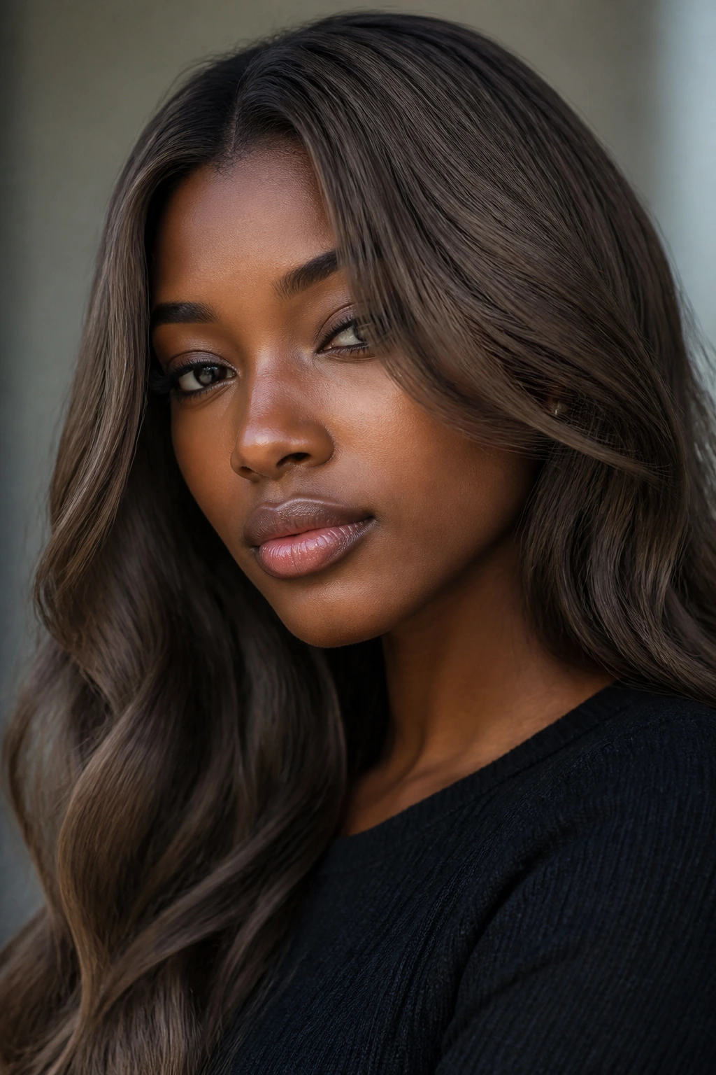 Close-up portrait of smoky taupe brown hair with cool undertones