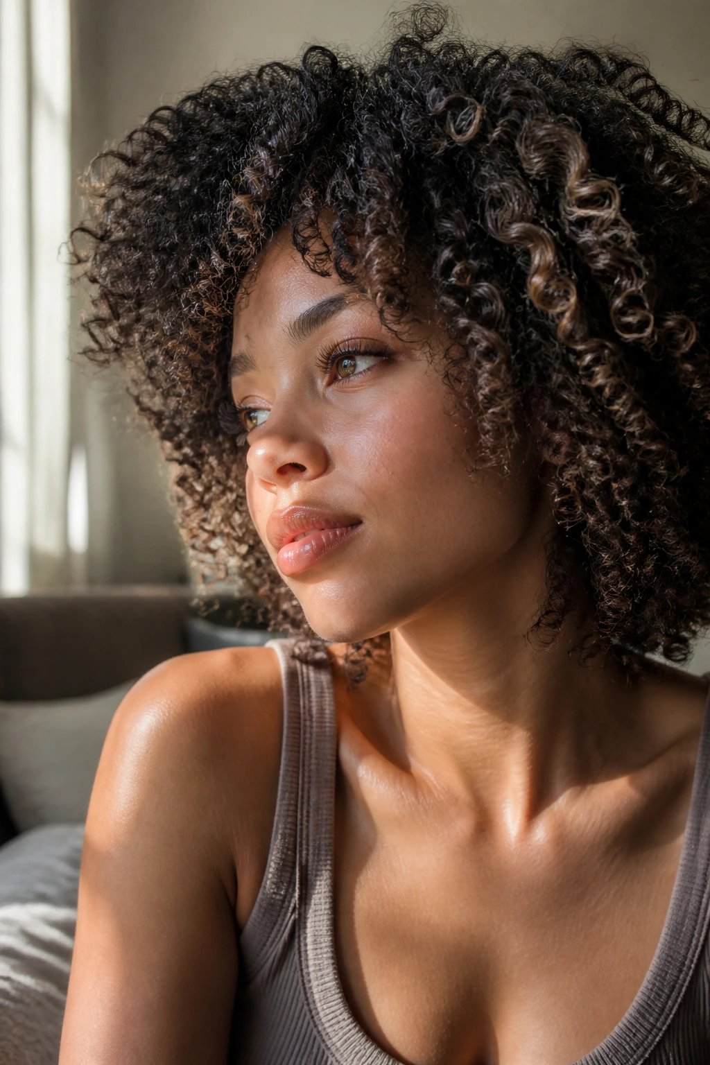 Close-up portrait of a real woman with smoky taupe curl paint on outer curl surfaces in warm bedroom window light