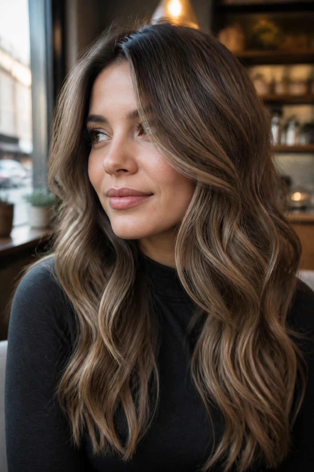 Ash-brunette with smoky taupe dimension in wavy hair