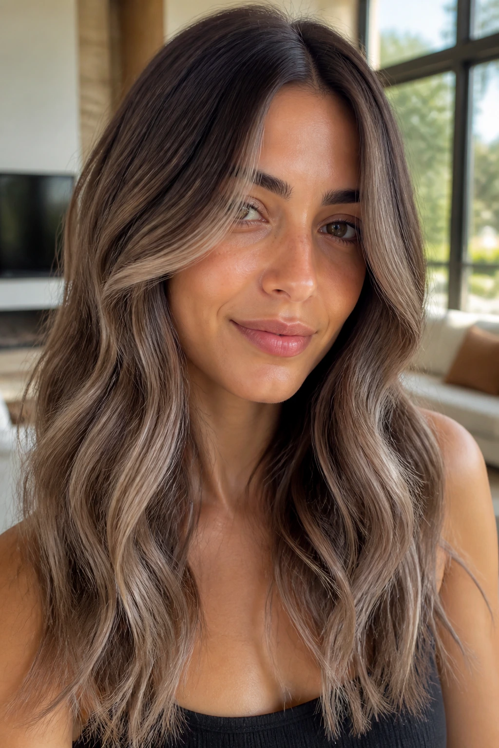 Close-up portrait of a real woman showing Smoky Taupe Ombre with Soft Lift on wavy hair