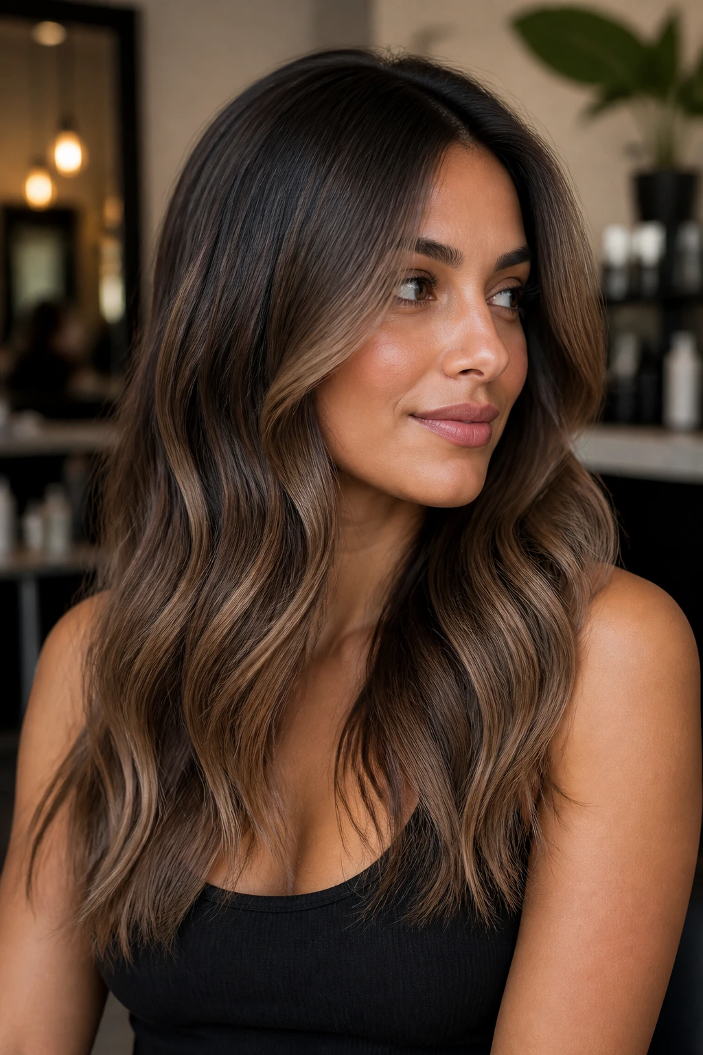 Portrait of a woman with smoky toffee balayage and muted toffee tones against olive undertones.