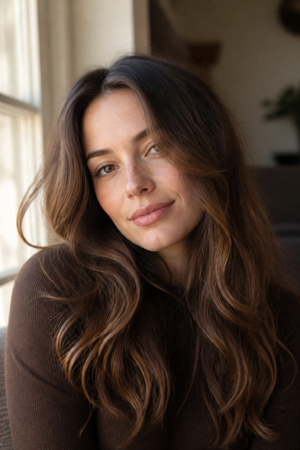 Close-up of a real woman with smoky-toffee brunette glow and soft curls under natural light