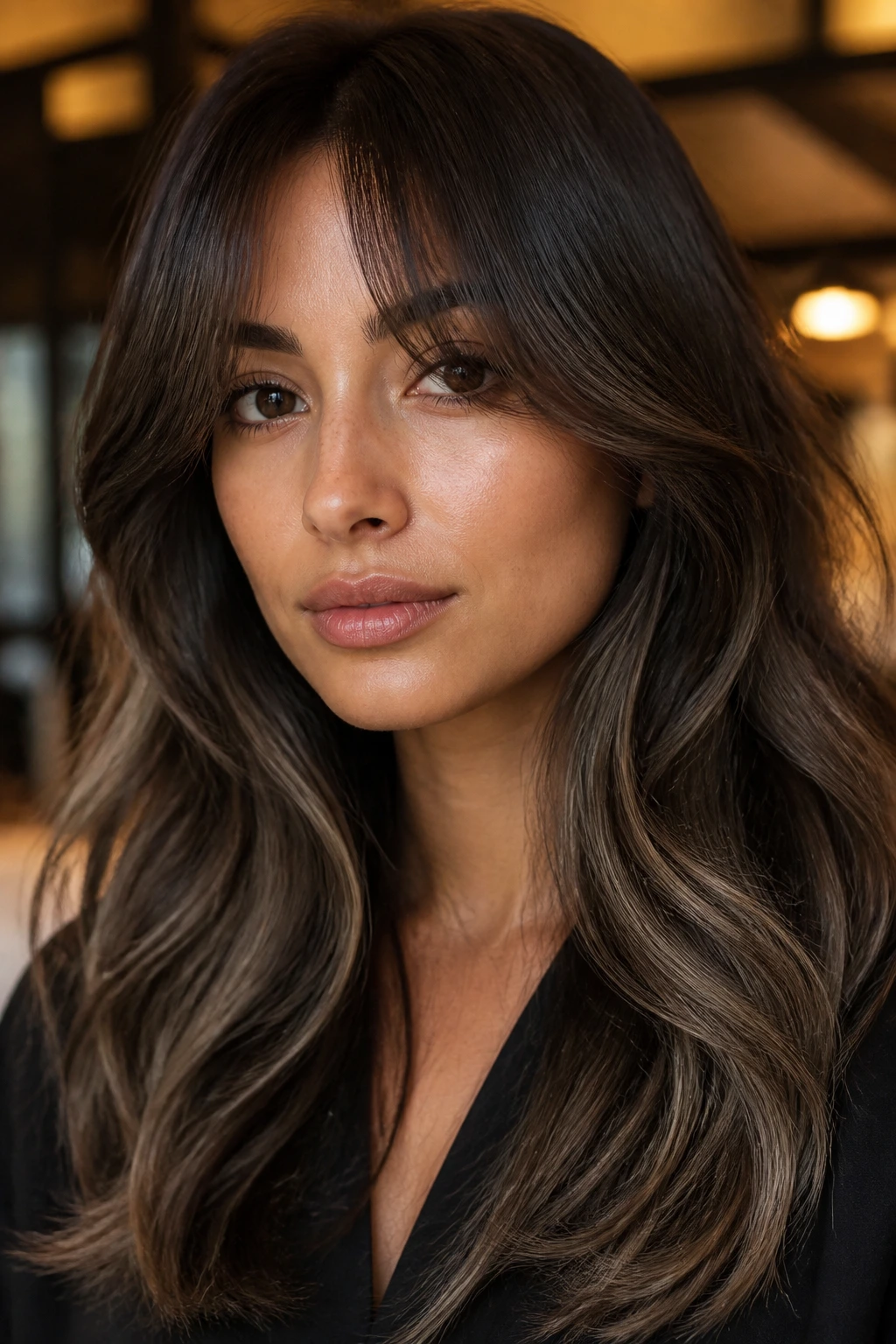 Close-up portrait of a real person with smoky truffle brown hair and curtain bangs.