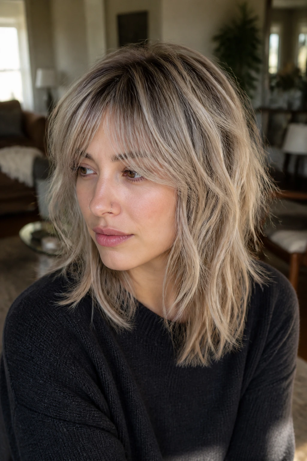 Portrait of a real person with smoky vanilla shag showing layered texture