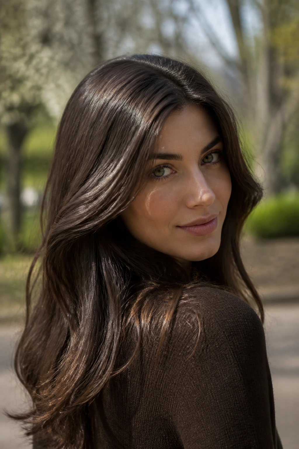 Close-up portrait of a woman with smoky walnut brown hair color