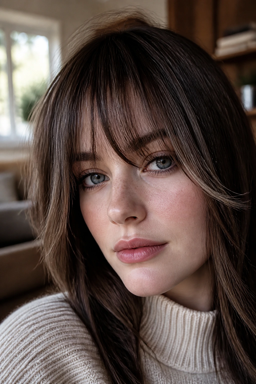 Close-up showing smoky walnut fringe framing bangs on pale skin