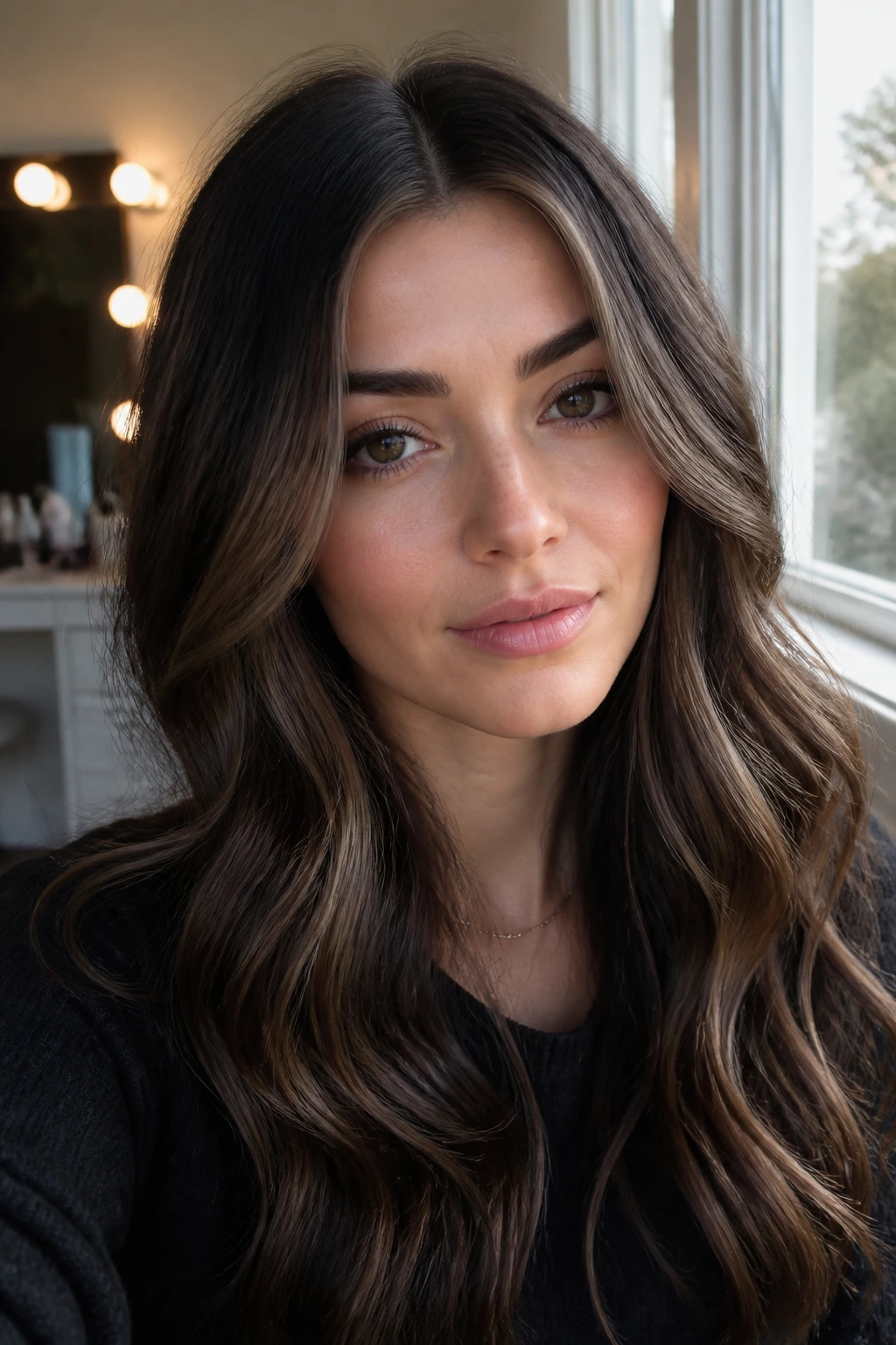 Brunette with smoky walnut money pieces framing the face in soft daylight