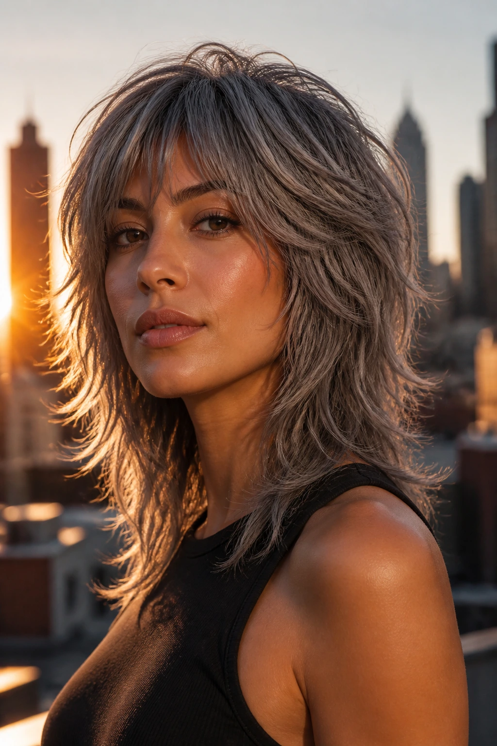 Real person with smoky gray wolf cut in golden-hour city setting