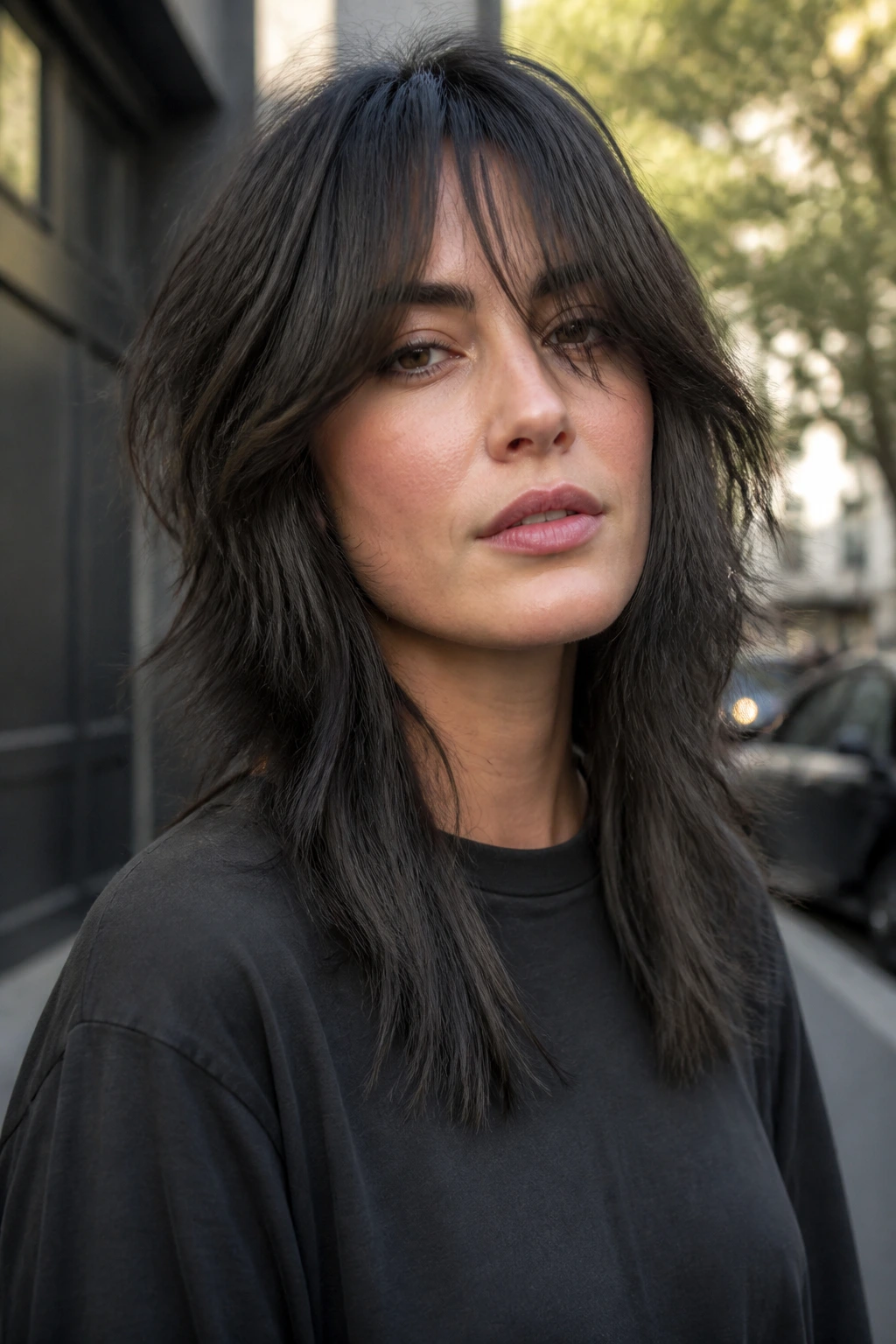 Close-up of smoky brunette wolf cut with layered texture