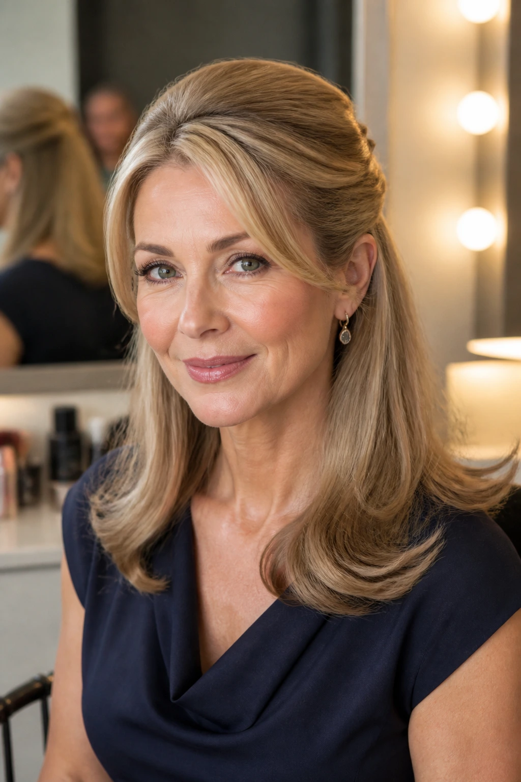 Portrait of a real woman with a smooth, polished half-up hairstyle