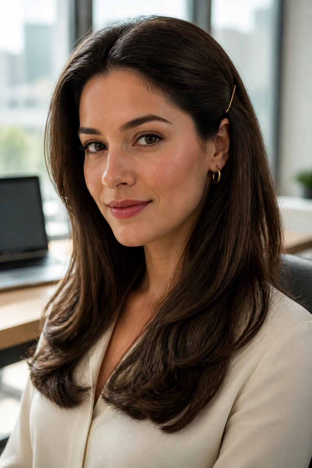 Portrait of a real woman with a smooth blowout and pinned sides behind the ears