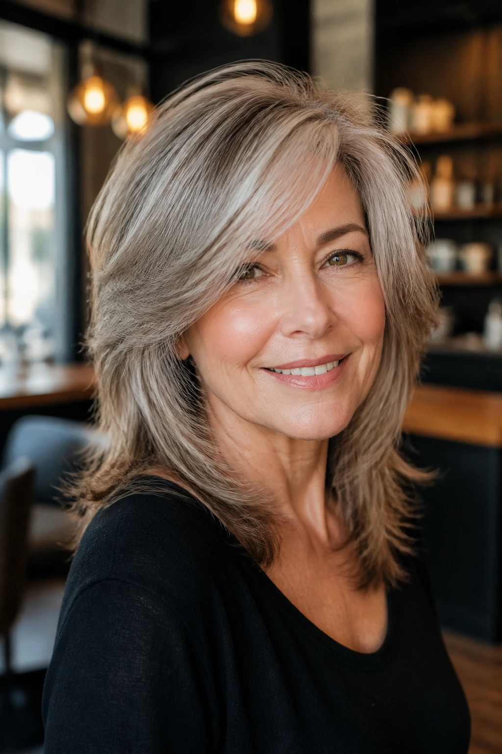 Close-up portrait of a real woman with a smooth blowout shag