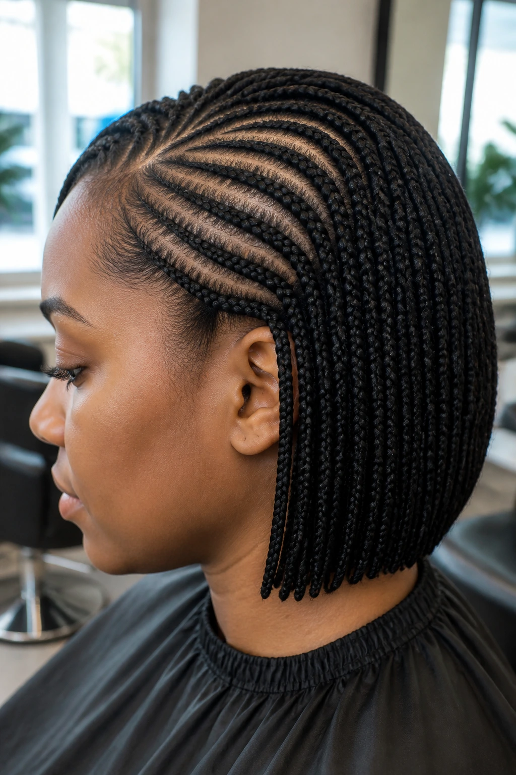 Portrait of a woman with smooth crochet bob showing flat crown base in a salon