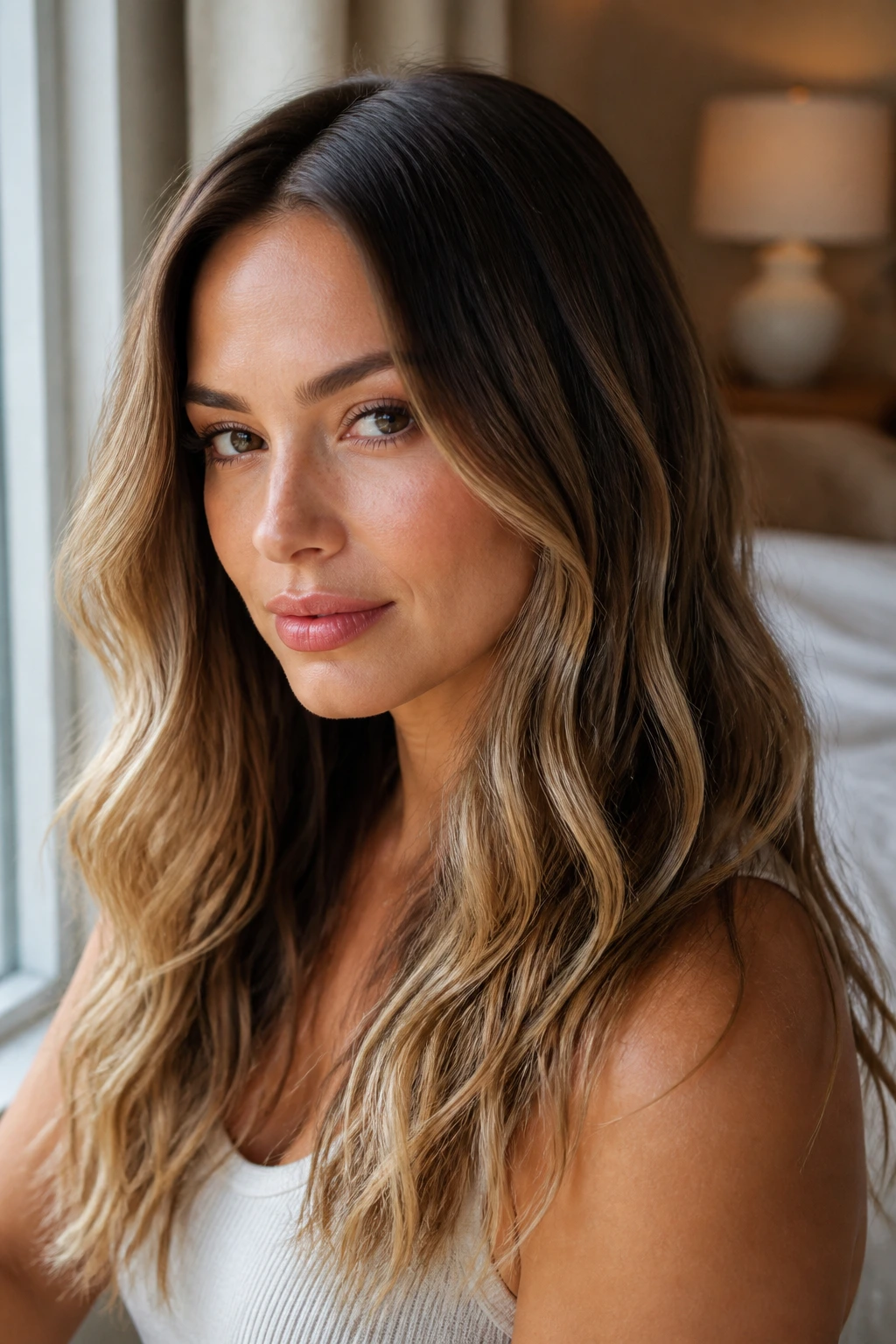 Close-up portrait of a real woman with smooth-root airy-length waves in natural window light.