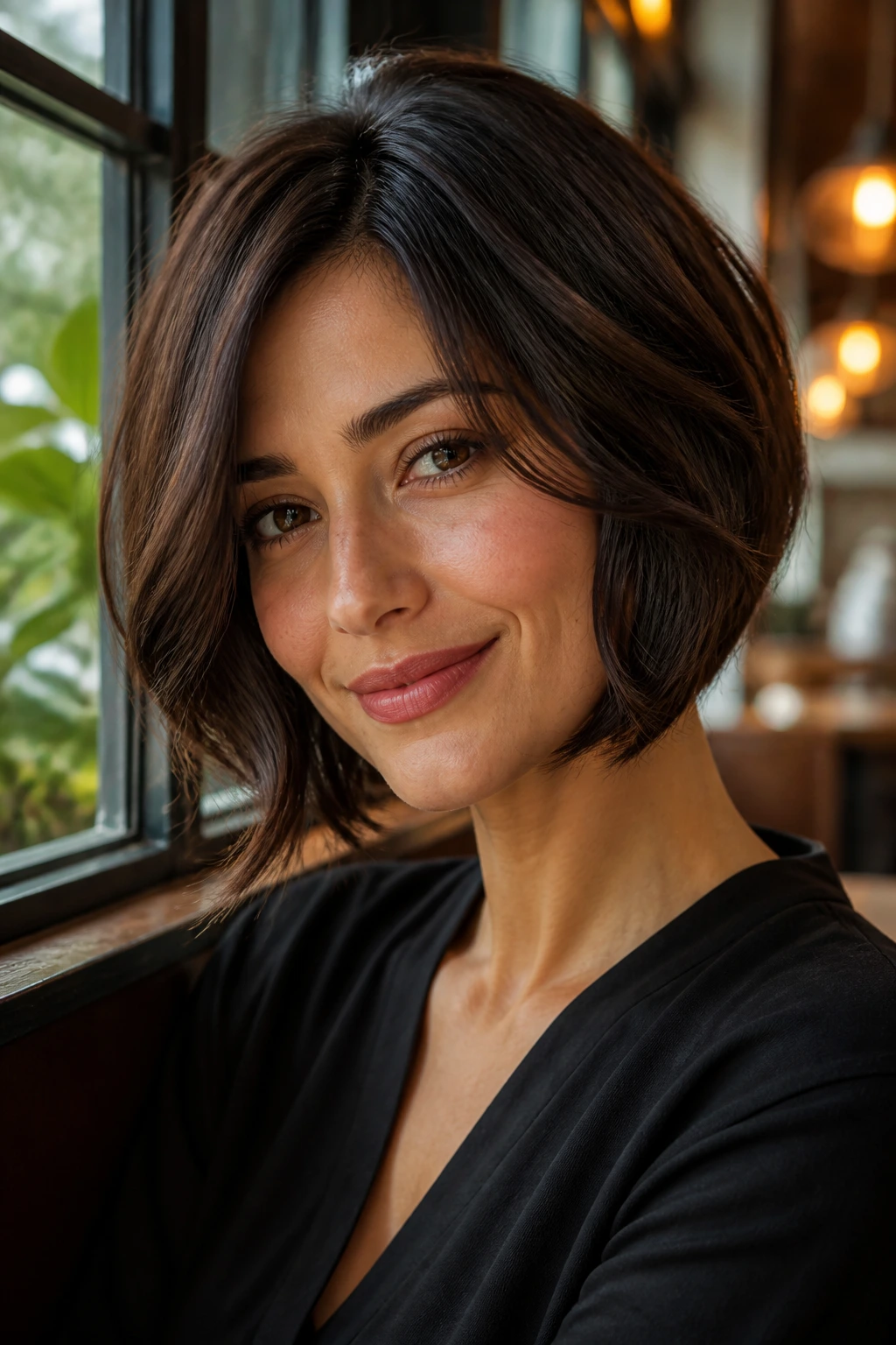 Portrait of a real woman with an event-ready smooth stacked bob