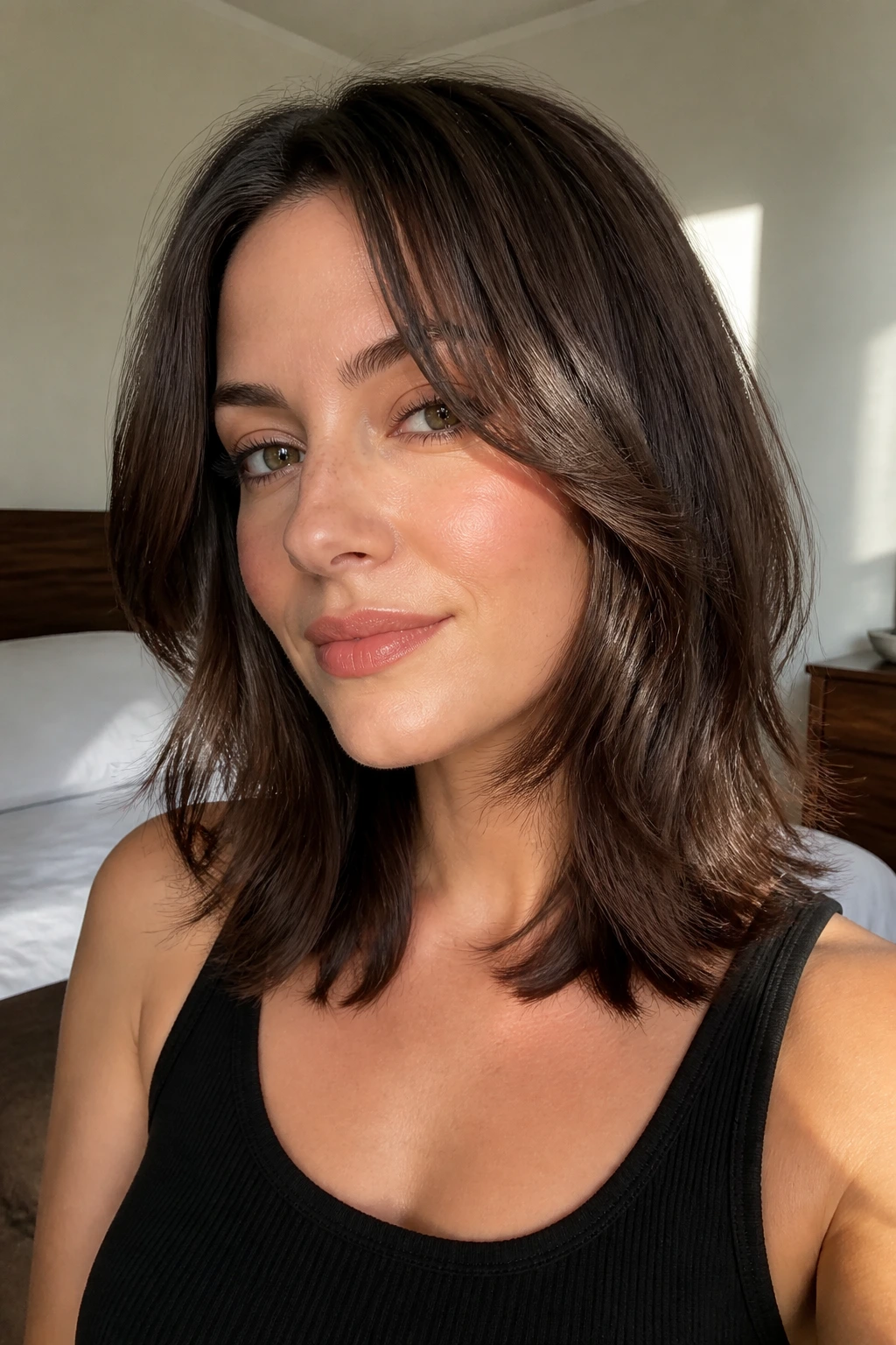 Real woman with smooth, softly waved shoulder-length hair framed at the face
