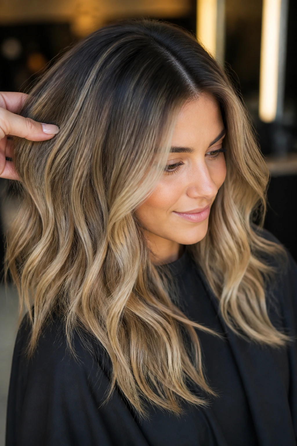 Close-up portrait of a real woman with smudged root blend, dark roots blending into lighter mids in a salon setting