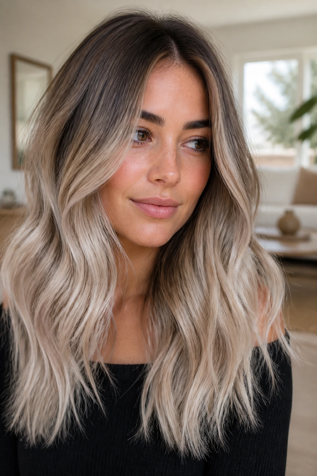 Close-up of brunette hair with smudged root and champagne-silver ends on a real person.