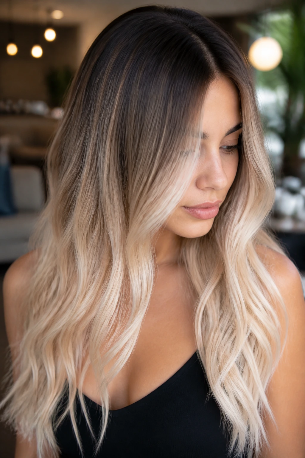 Close-up of brunette hair with a smudged root and bright platinum ends