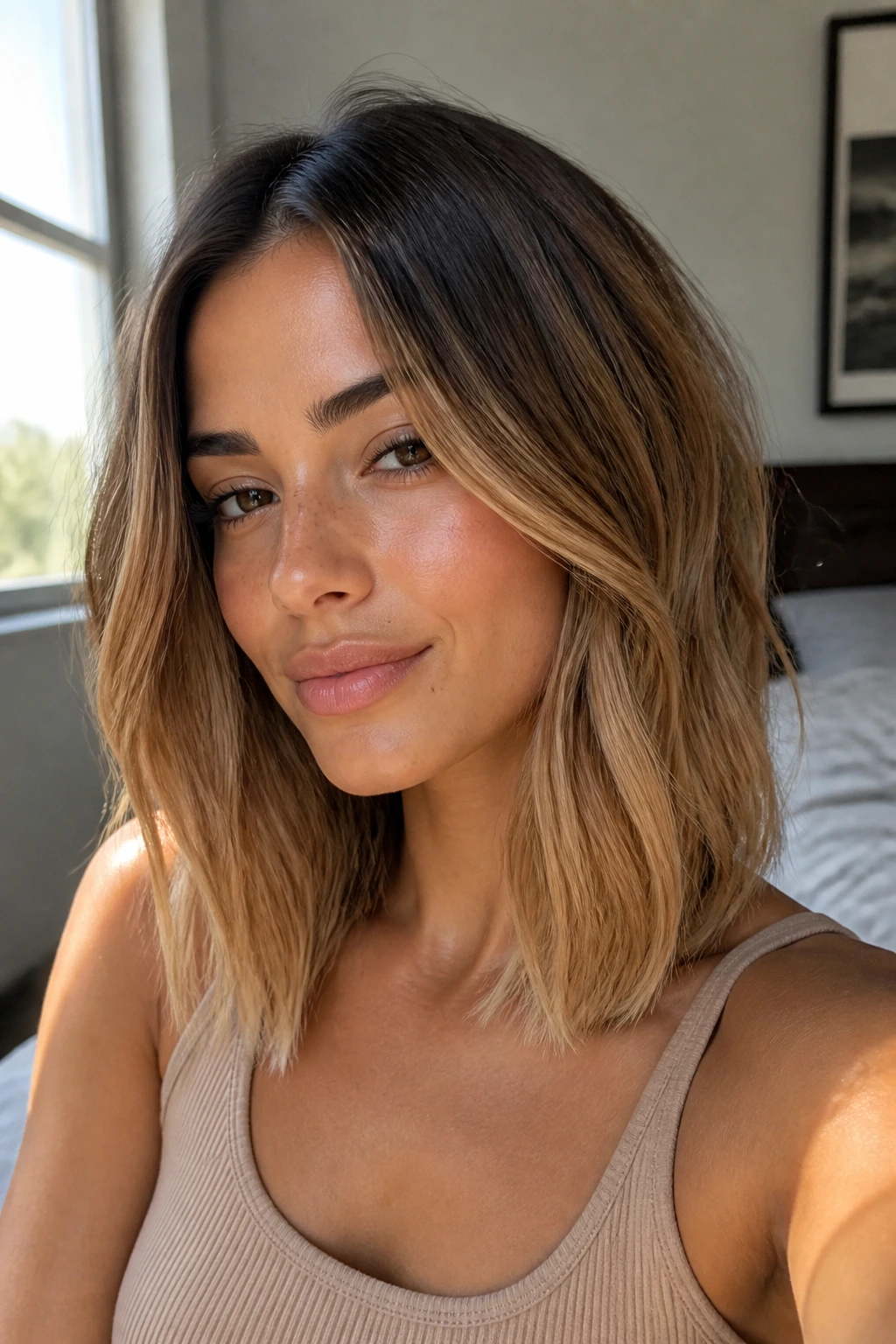 Close-up portrait of a real woman with smudged-root honey lob in natural window light.